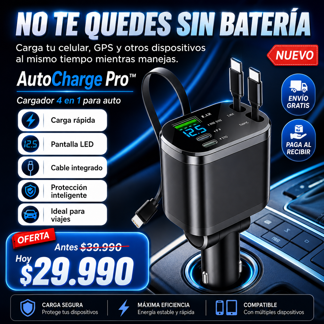 AutoCharge Pro™ | Carga rápida 4 en 1 para auto